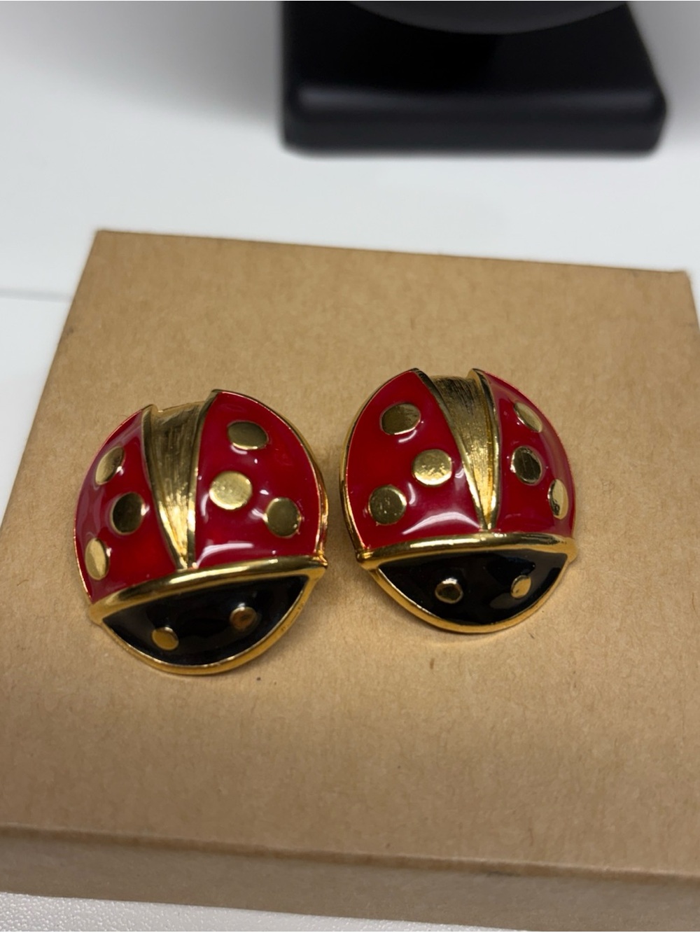 Avon Red and Black Enamel Ladybug Clip-On Earrings